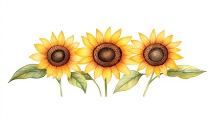 Naklejka premium Three vibrant sunflowers with green leaves against a white background, ideal for decorative or artistic use