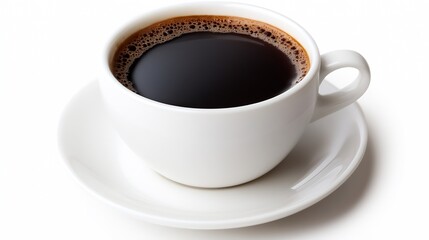 Minimalist white cup of freshly brewed black coffee on a clean white background