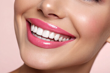 Obraz premium Perfect healthy teeth smile of young woman. Teeth whitening. Dental clinic patient. Image symbolizes oral care dentistry, stomatology. Dentistry image 