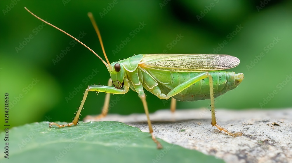 Poster detailed closeup of green grasshopper on leaf in nature's setting : generative ai