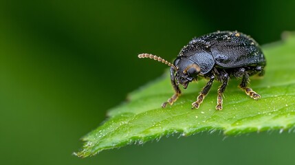 Black Beetle Closeup on Green Leaf Showcasing Fine Details in Macro Photography : Generative AI
