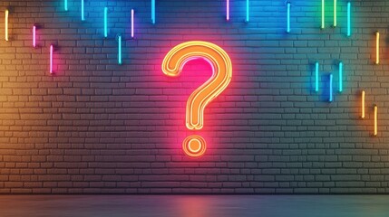 Neon sign in form of a question mark on a wall background representing questions session backdrop