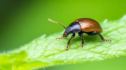 Naklejka premium Detailed View of Brown Beetle on Green Leaf Showcasing Natural Intricacies and Habitat : Generative AI