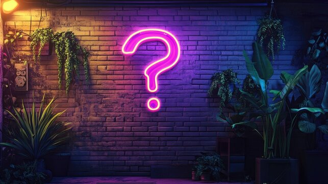 Neon sign in form of a question mark on a wall background representing questions session backdrop