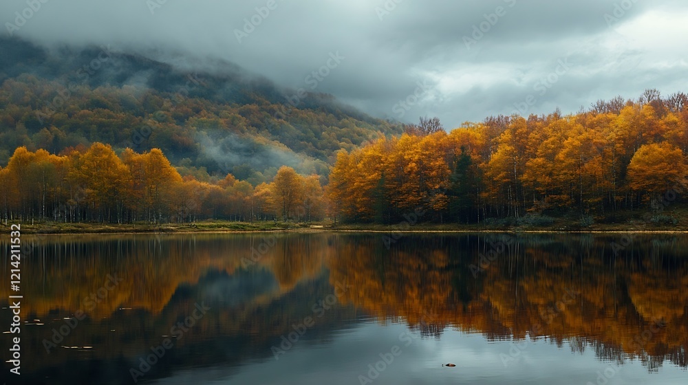 Poster mystical autumn misty forest with golden leaves reflecting on calm lake surface : generative ai