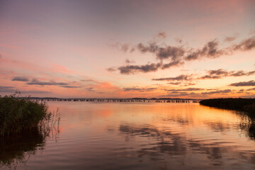 Groyne at Jasmunder Bodden in sunset, Rügen, Germany