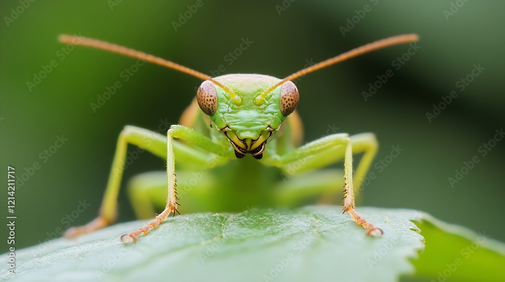 Poster closeup of a praying mantis with detailed features and green surroundings : generative ai