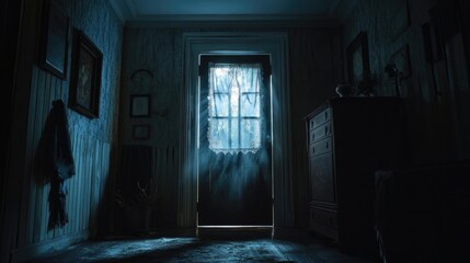 Obraz premium Open door with light going through it. Dark horror room