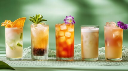 Fototapeta premium various colorful cocktails with ice in glasses on green background with light. fresh drinks, summer parties, healthy lifestyle.