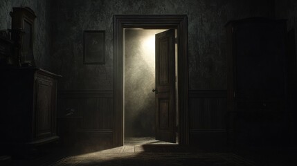 Open door with light going through it. Dark horror room