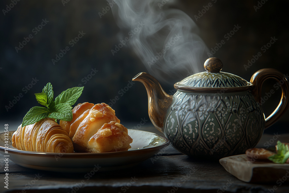 Wall mural Ceramic teapot with steam rising, accompanied by a plate of pastries and a sprig of mint. Generative AI