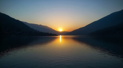 Fototapeta premium Majestic River Valley Sunrise with Shadows and Illuminated Mountain Range in Silhouettes