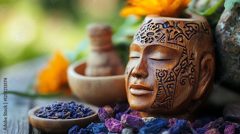 Poster Handcrafted Wooden Sculpture Embellished with Intricate Tribal Patterns and Surrounded by Aromatic Elements : Generative AI