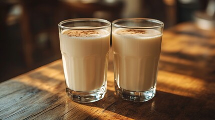 Two glasses of creamy milk on a rustic wooden table, softly lit with natural tones, evoking a wholesome breakfast and dairy freshness