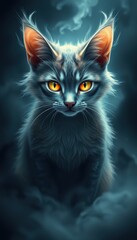 A Feline with Glowing Eyes Amidst the Mist
