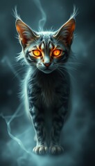 A Mystical Feline with Glowing Eyes Standing in a Smoky Haze