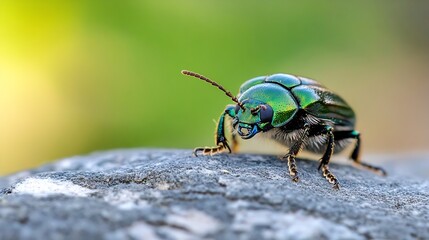 Naklejka premium Macro Photography of Green Beetle with Metallic Sheen Resting on Stone Surface : Generative AI