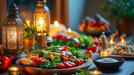 Fototapeta premium Medieval feast with lanterns illuminating tasty dishes on wooden table