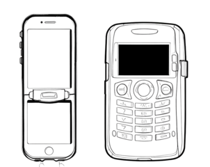 coloring page for adults, outline no color fill frame, phone screen, phone with key rings from 2000