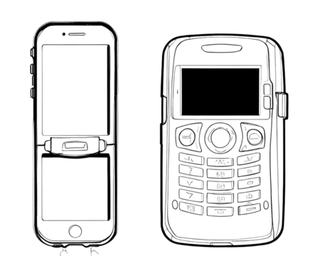 coloring page for adults, outline no color fill frame, phone screen, phone with key rings from 2000