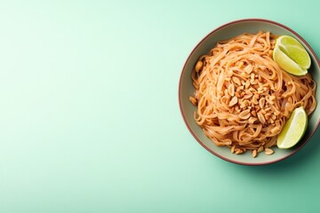 commercial food photography for dish of pad thai with lime wedges and peanuts bright studio lighting