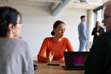 A diverse team of business professionals engaged in a discussion around a conference table in an office, while their colleagues collaborate in the background