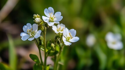 Closeup of delicate white wildflowers in lush green field under bright sunlight