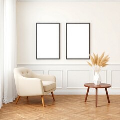 2 frame mockup, ISO A paper size. Poster mockup on living room wall. Elegant and comfortable minimalist interior design. A serene space with modern furnishings, warm tones and natural light.