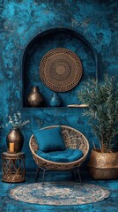 Serene Interior Design with Teal and Gold Accents and Comfortable Woven Chair