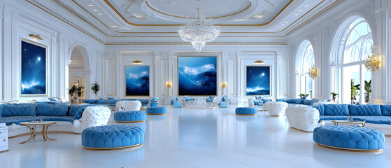 Elegant blue and white lounge design modern interior luxury space contemporary style wide-angle viewpoint relaxation concept