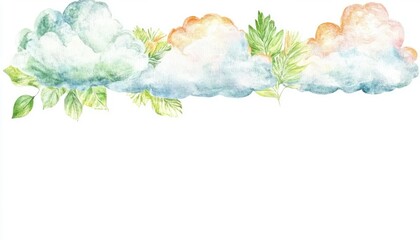 Fototapeta premium Soft watercolor clouds and green leaves create a serene backdrop, ideal for nature-themed designs