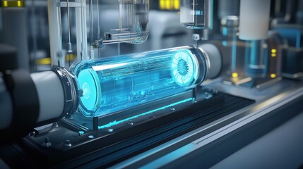 Futuristic lab Energy cell processing, glowing blue core