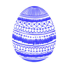 Isolated watercolor Easter egg with blue geometric ornament on white background. Painted Easter egg