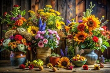 Scandinavian panoramic photography showcases vibrant folk art flower bouquets and Nordic wildflowers.