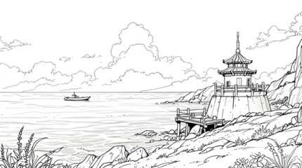 Coloring pages, uncolored frames, with seascape images