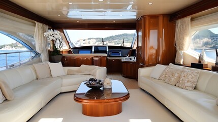 Opulent Interior of Luxury Yacht with Panoramic Ocean View