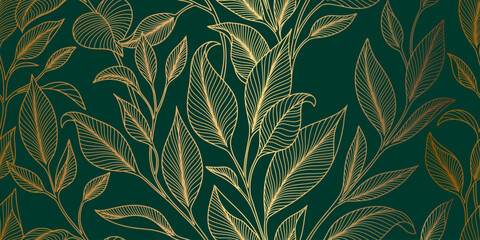 Fototapeta premium Seamless pattern with linear golden leaves. Luxury dark green background with golden tree branches. Texture with plants