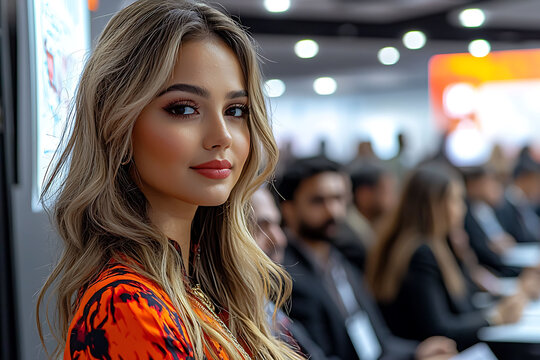Stunning young woman with long blonde hair, wearing a vibrant orange patterned blouse, looks directly at the camera.  The background is softly blurred, showing a conference or event setting.