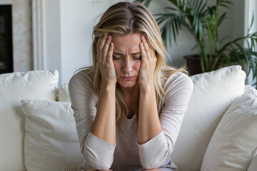 Headache, migraine attack. Girl sitting on the couch with a headache.