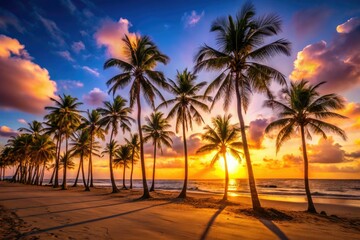 Obraz premium Silhouette of swaying palms graces Bahia's empty beach at sunset.