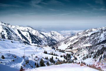View of the Shymbulak ski resort in the Trans-Ili Alatau Mountains, Kazakhstan. Shymbulak is a ski resort near the city of Almaty, Kazakhstan. It is the largest ski resort in Central Asia.