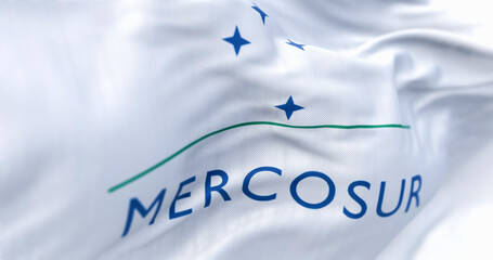 Close-up of Mercosur flag waving in the wind