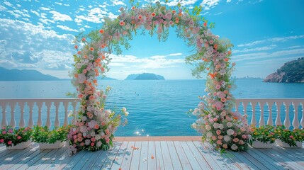Fototapeta premium Blooming decoration of wedding arch with roses, carnation and eucalyptus. Beautiful wedding ceremony outdoors. White and pink colors. Wedding photo zone. Floral concept. Wedding details