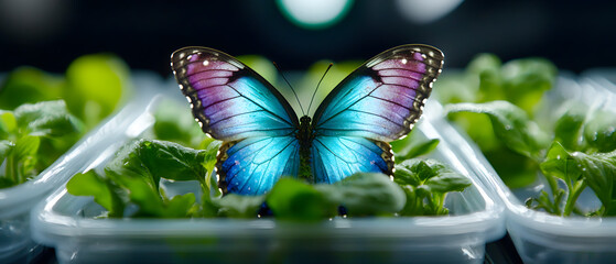 Vibrant butterfly on fresh greens indoor greenhouse nature photography close-up colorful concept