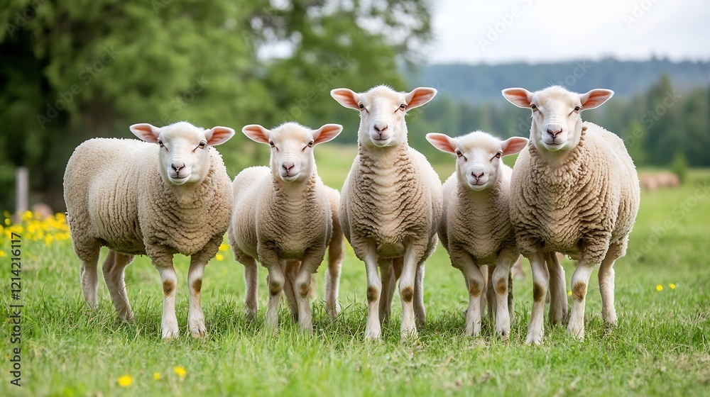 Poster group of sheep standing in a lush green pasture during a sunny day : generative ai