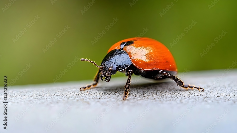 Poster High Definition Image of a Bright Red Beetle On Outdoor Surface Exploring Its Environment : Generative AI