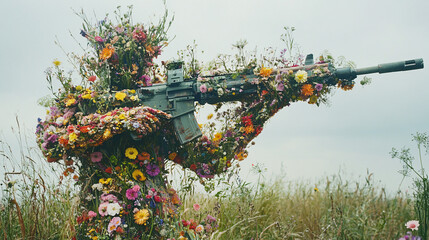 a soldier figure covered entirely in vibrant blooming flowers aiming a rifle in a meadow blending nature with man-made elements  
