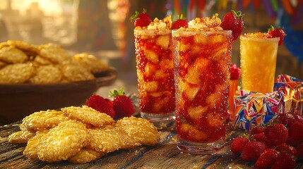 Refreshing Strawberry Drinks and Golden Cookies at a Festive Gathering