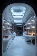 Obraz premium Futuristic lab interior, sterile white design, arched entryway.