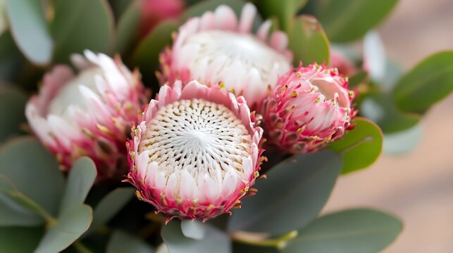 Macro close up of blooming pink protea flowers with green leaves in soft natural light : Generative AI